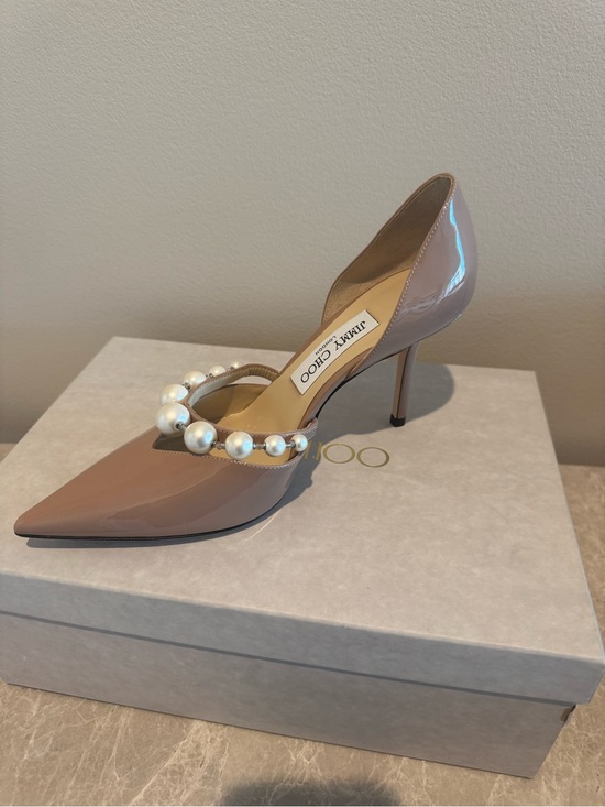 Jimmy Choo Shoes - Jimmy Choo Aurelie 85 - Nude Patent Leather Pointed-Toe Pump with Pearl Strap